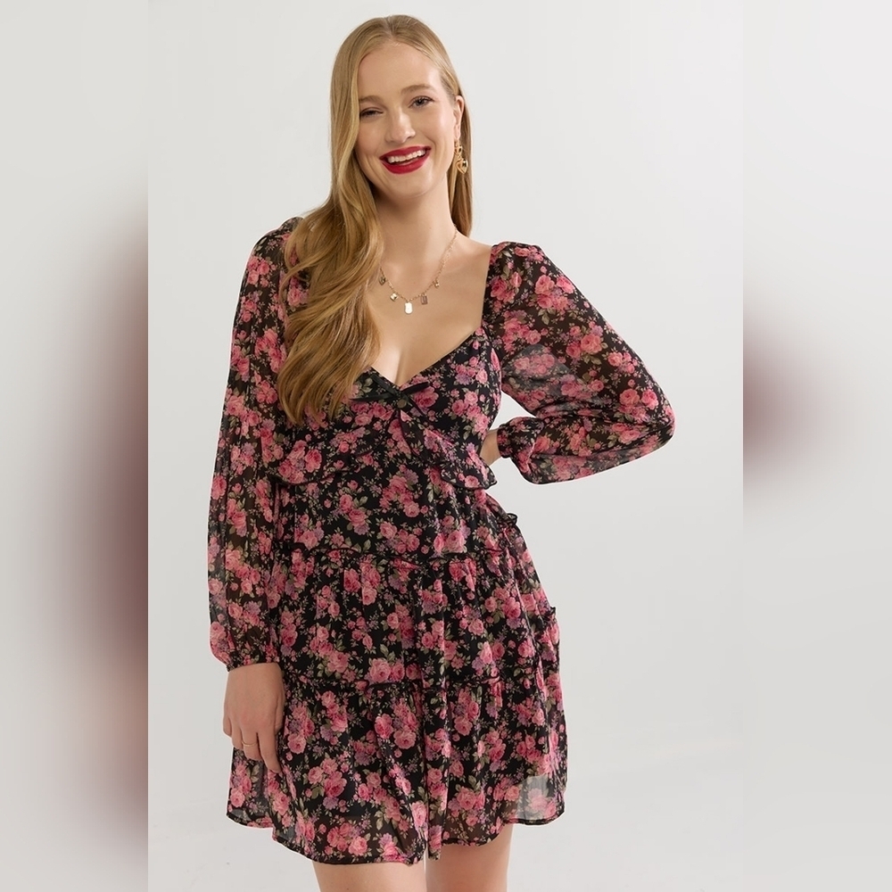 Francesca's Black Floral Dress with Pink Accents SzL New With Tag